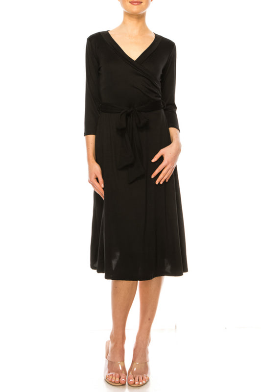 Women's Solid Wrap Dress 3/4 Sleeve V Neck Waist Tie