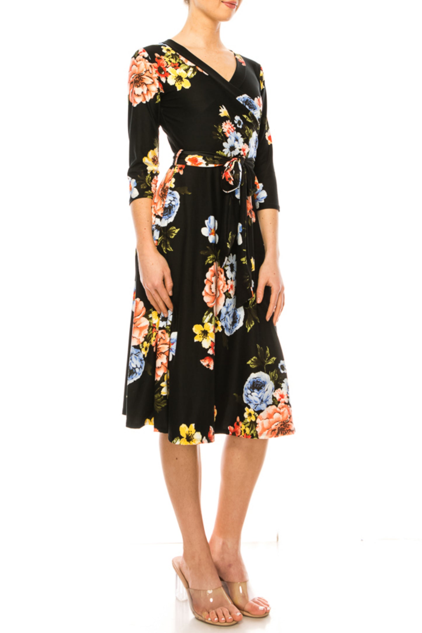 Women's Floral Print Faux Wrap Dress with Deep V-neck and Waist Tie
