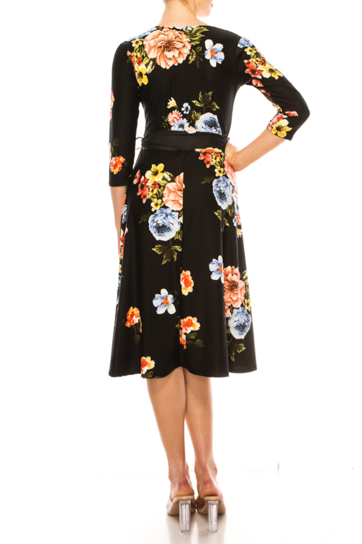 Women's Floral Print Faux Wrap Dress with Deep V-neck and Waist Tie