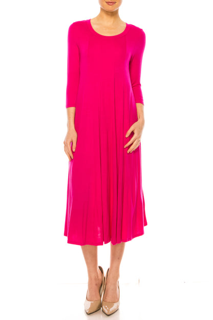 Women's A-Line Long Dress with 3/4 Sleeves and Relaxed Round Neckline