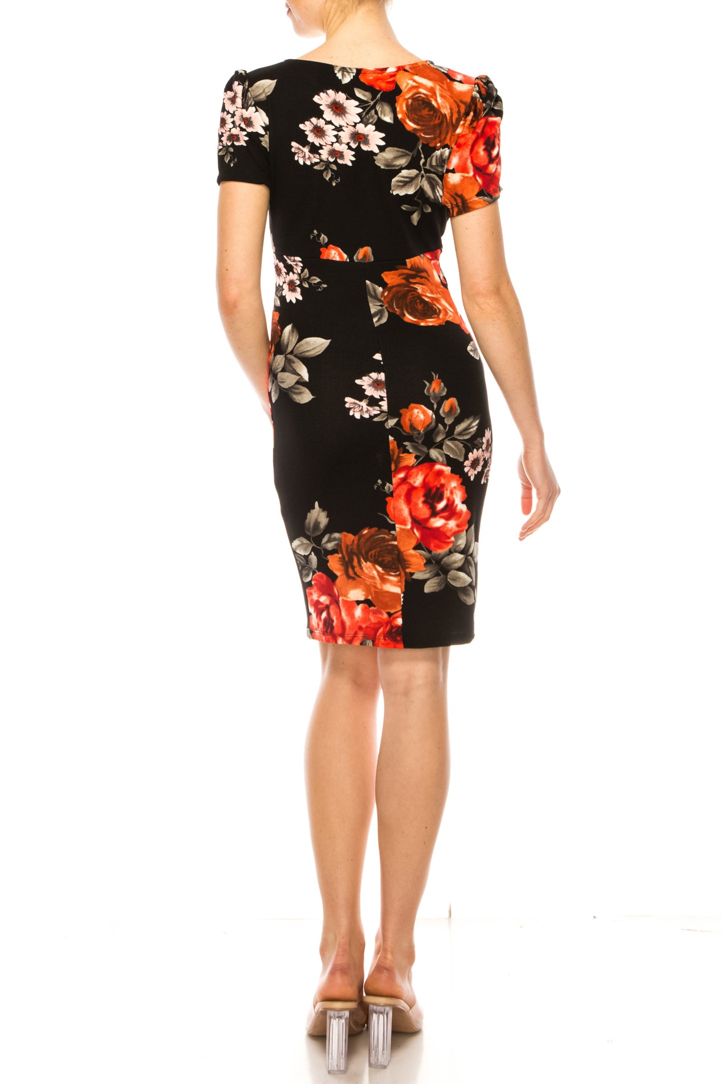 Women's Floral Sheath Dress with Deep V-Neckline and Puff Sleeves