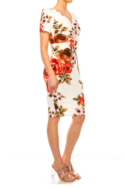 Women's Floral Sheath Dress with Deep V-Neckline and Puff Sleeves