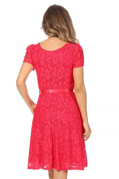 Women's Lace Short Sleeve A-Line Midi Dress