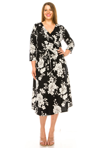 Women's Plus Size Floral Pattern Print Faux Wrap Dress