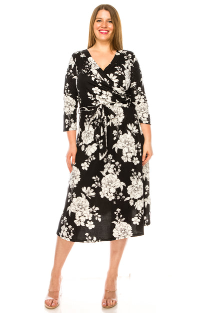 Women's Plus Size Floral Pattern Print Faux Wrap Dress