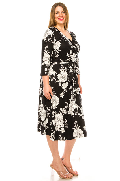 Women's Plus Size Floral Pattern Print Faux Wrap Dress