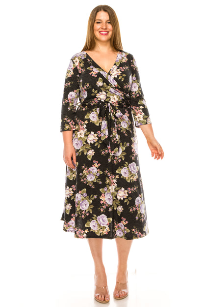 Women's Plus Size Floral Pattern Print Faux Wrap Dress