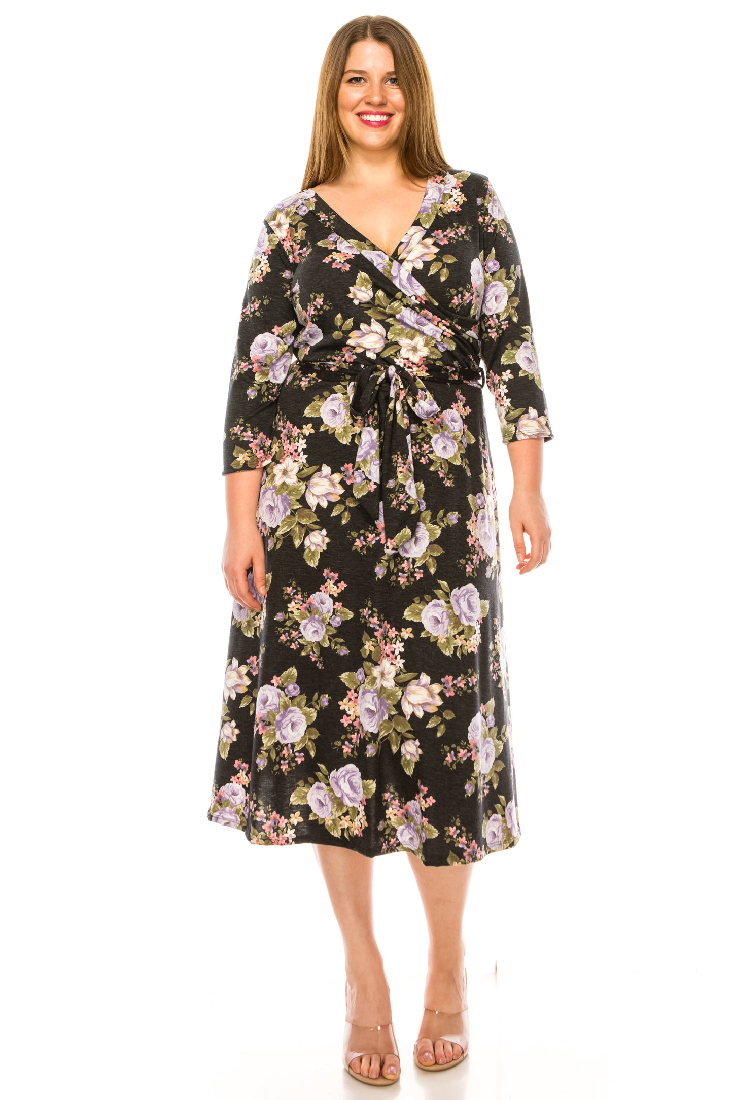 Women's Plus Size Floral Pattern Print Faux Wrap Dress
