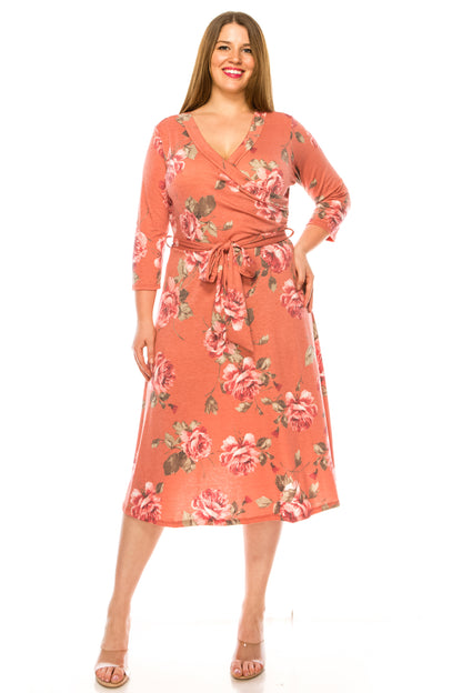 Women's Plus Size Floral Pattern Print Faux Wrap Dress