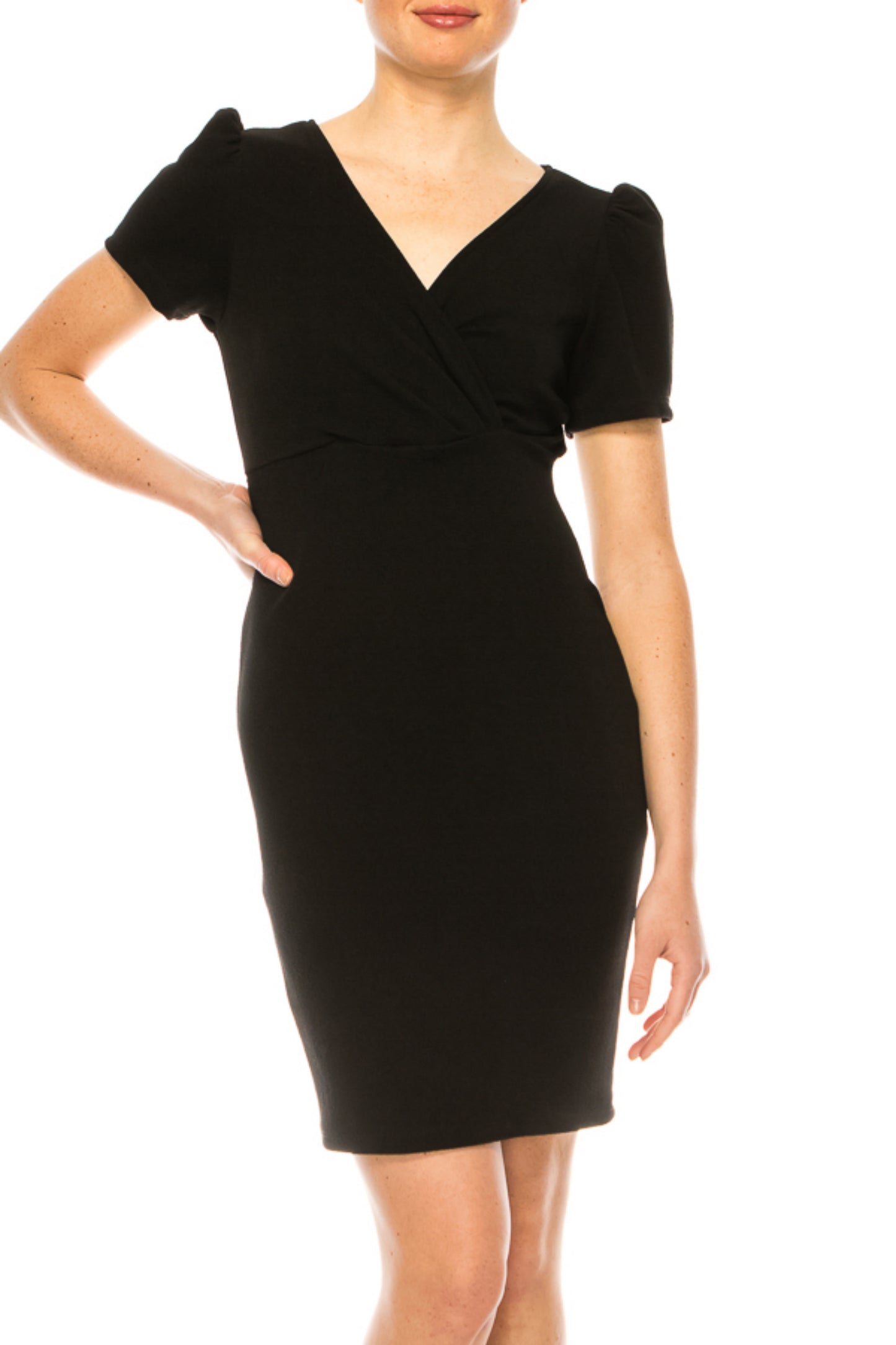 Women's Solid Dress with a V-Neckline Puff Sleeves