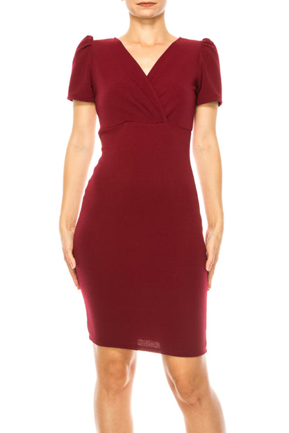 Women's Solid Dress with a V-Neckline Puff Sleeves