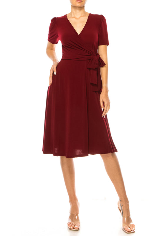 Women's Stylish Solid Faux Wrap Dress with Deep V-Neck