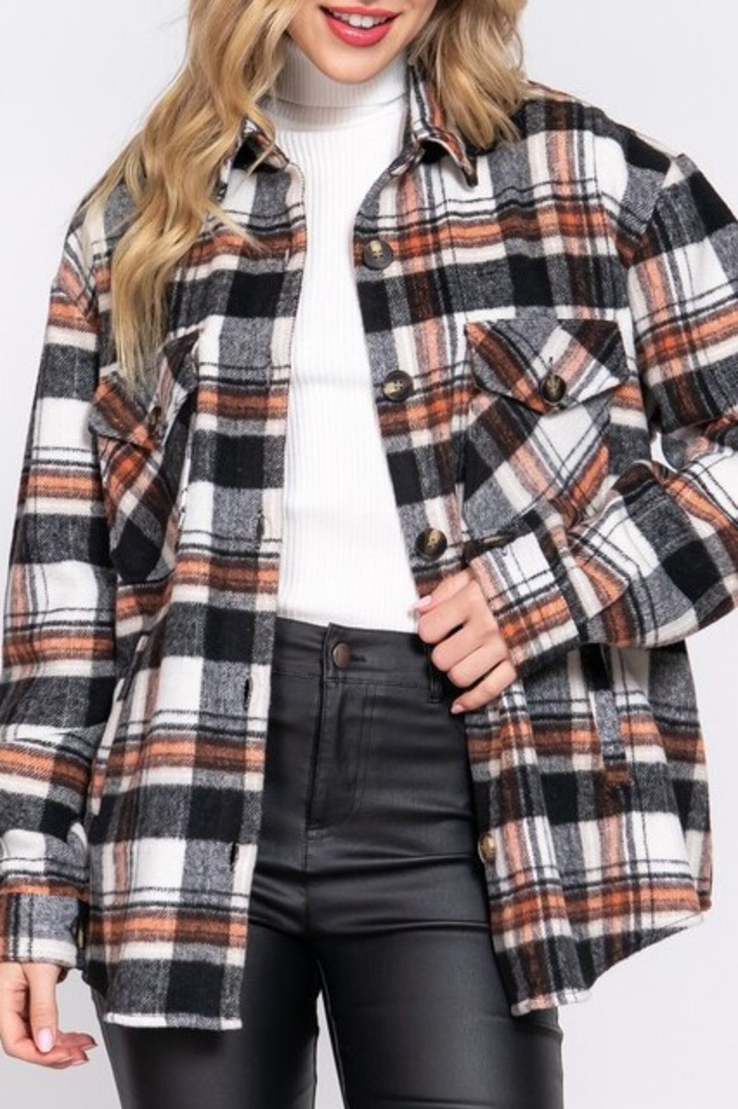 Women's Casual plaid wool blend button down shirts jacket