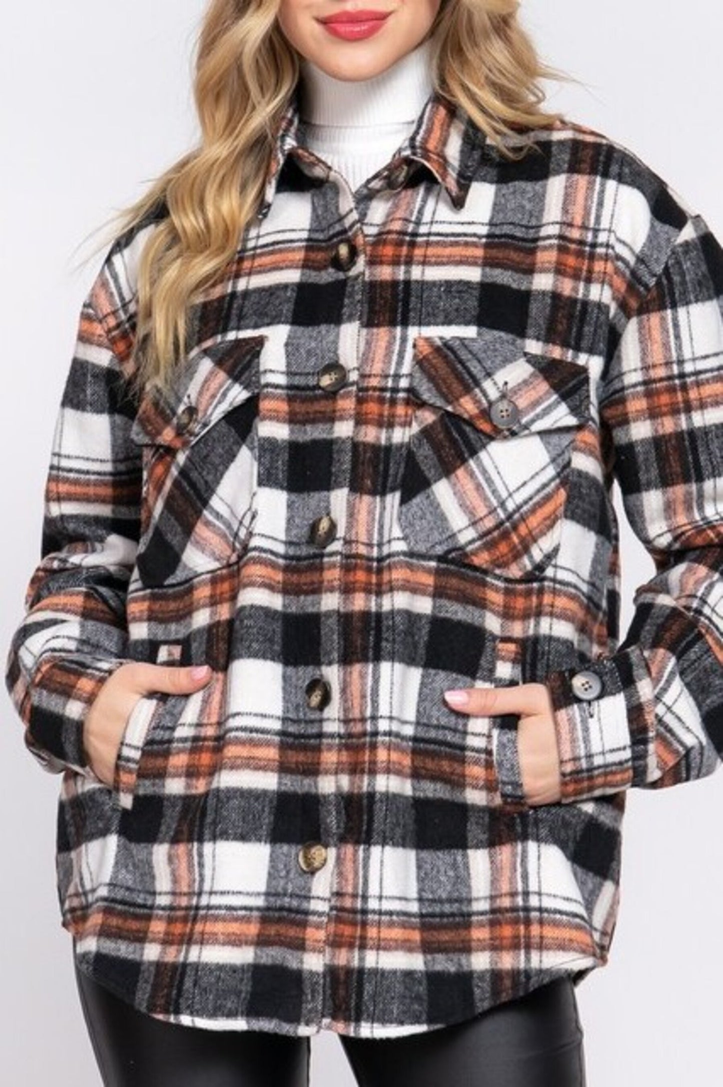 Women's Casual plaid wool blend button down shirts jacket