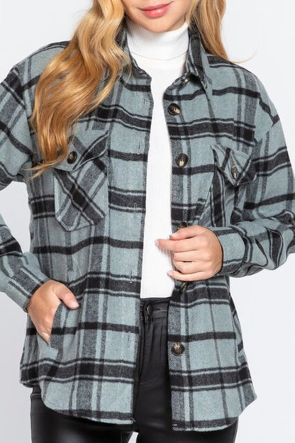 Women's Casual plaid wool blend button down shirts jacket