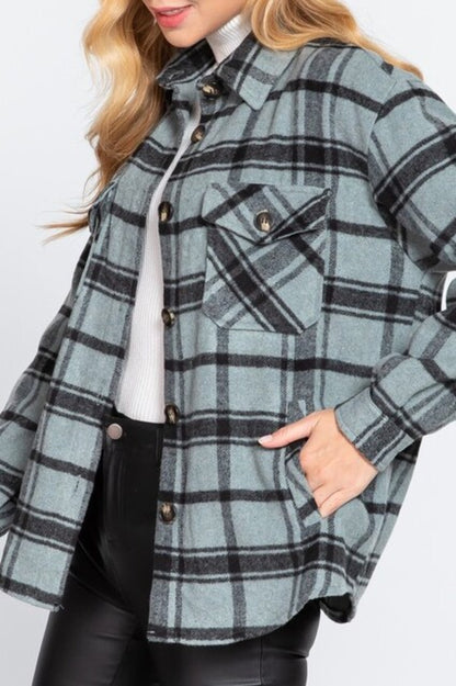 Women's Casual plaid wool blend button down shirts jacket