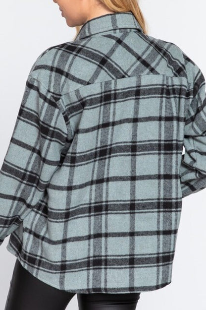 Women's Casual plaid wool blend button down shirts jacket