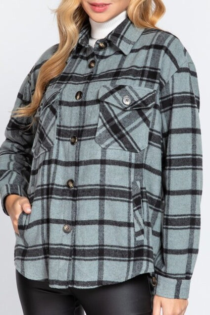 Women's Casual plaid wool blend button down shirts jacket