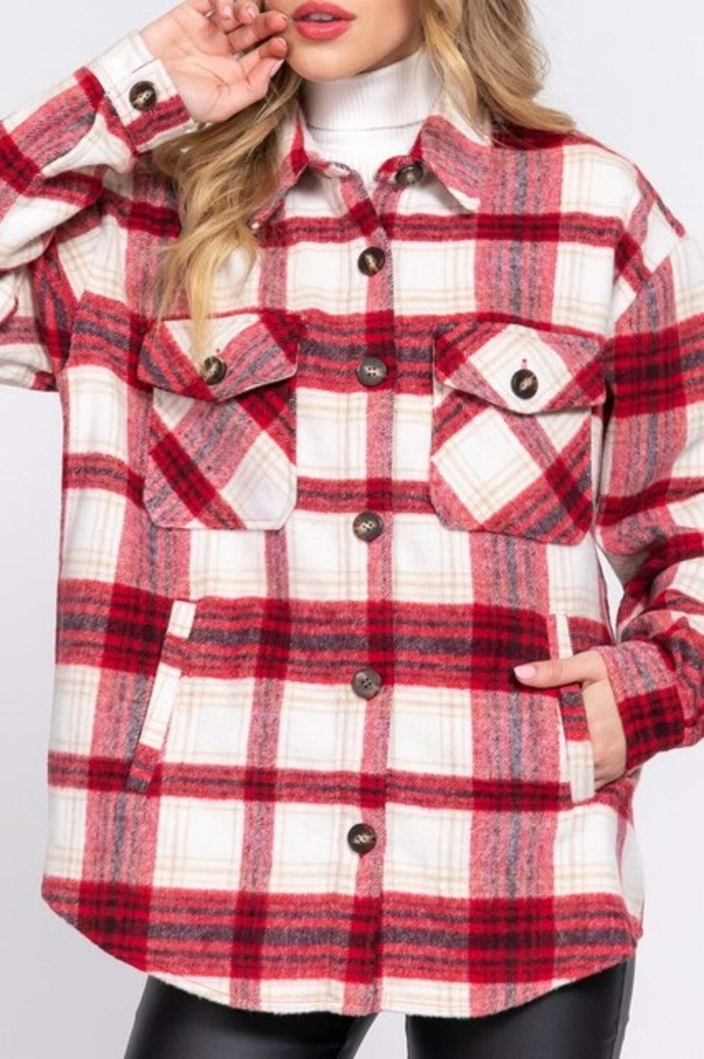 Women's Casual plaid wool blend button down shirts jacket