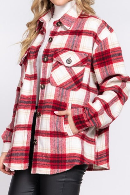 Women's Casual plaid wool blend button down shirts jacket