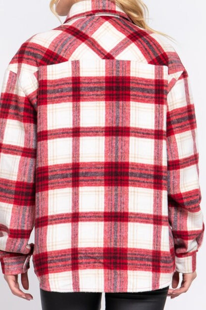 Women's Casual plaid wool blend button down shirts jacket