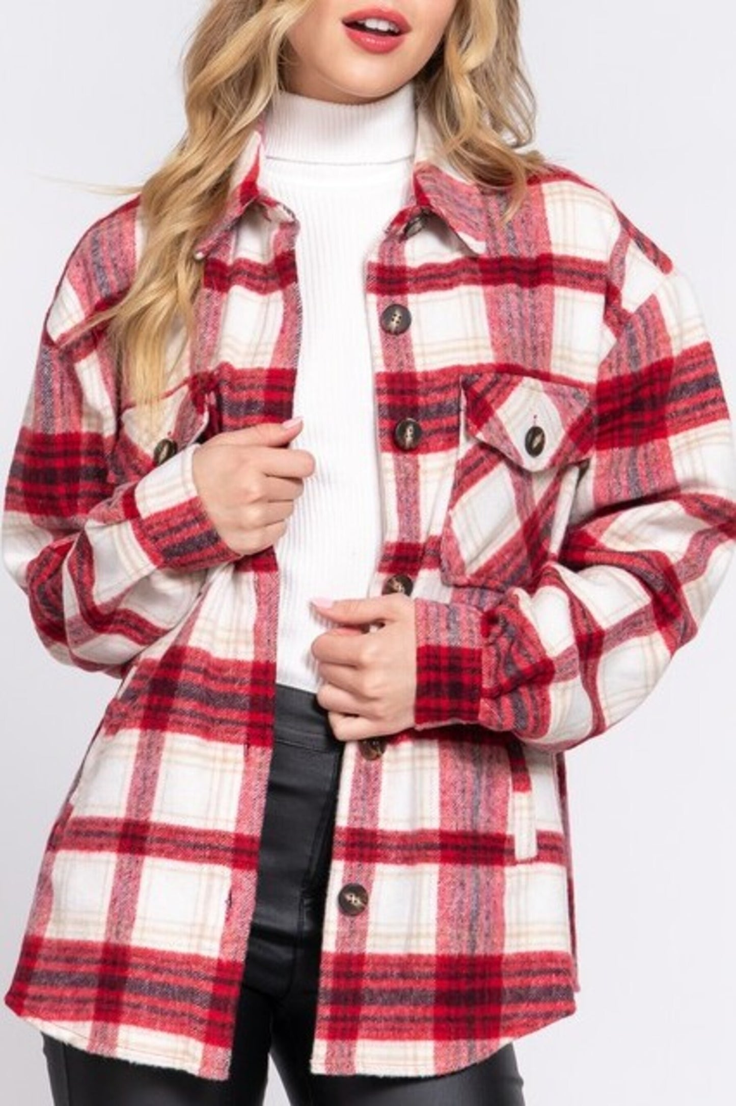 Women's Casual plaid wool blend button down shirts jacket