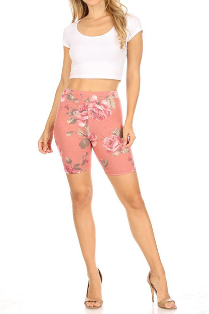 Women's Floral Printed Elastic High Waist Slim Stretch Pull On Biker Shorts