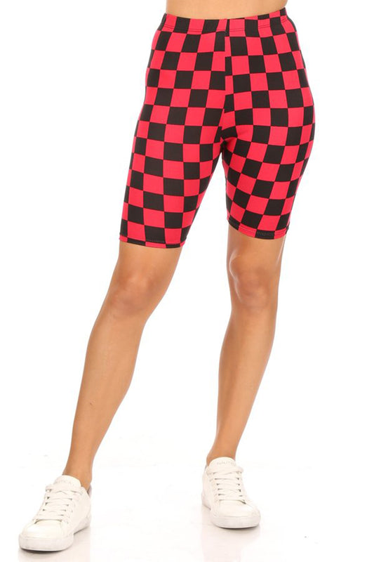 Women's Casual Checkered Plaid  Band Waist Stretch Biker Shorts