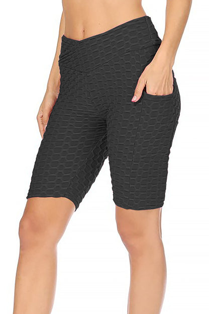 Women's High Waist Pockets Elastic Waistband Mesh Athletic Running Yoga Gym Biker Shorts