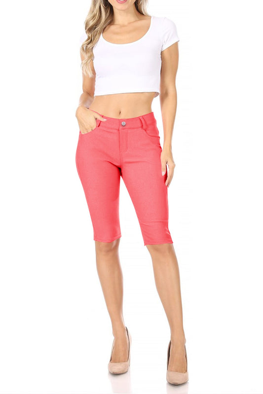 Women's Casual Stretch Comfy Pockets Solid Bermuda Shorts Pants