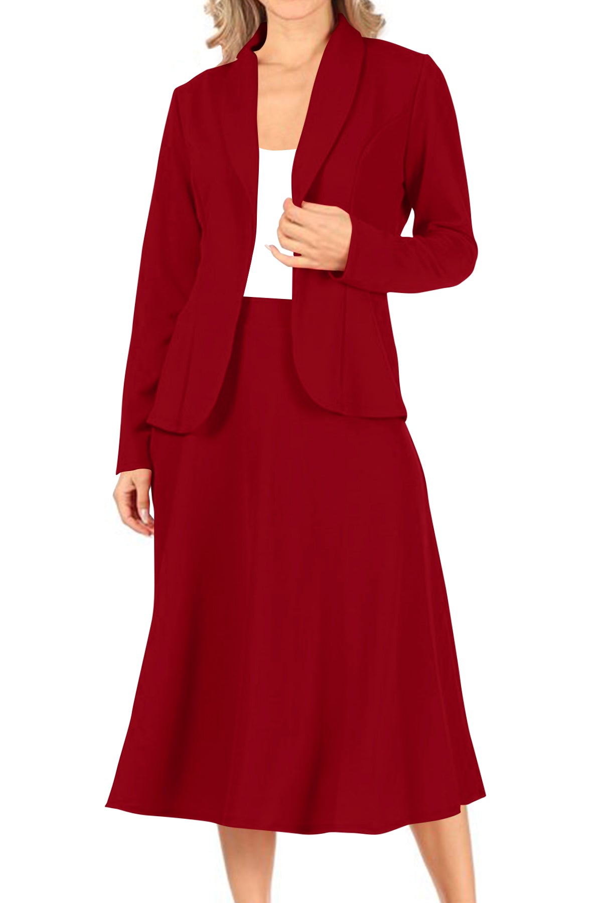 Women's Two Piece Lightweight Solid Long Sleeve Casual Blazer Relaxed A-Line Midi Skirt