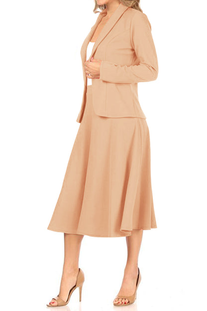 Women's Two Piece Lightweight Solid Long Sleeve Casual Blazer Relaxed A-Line Midi Skirt