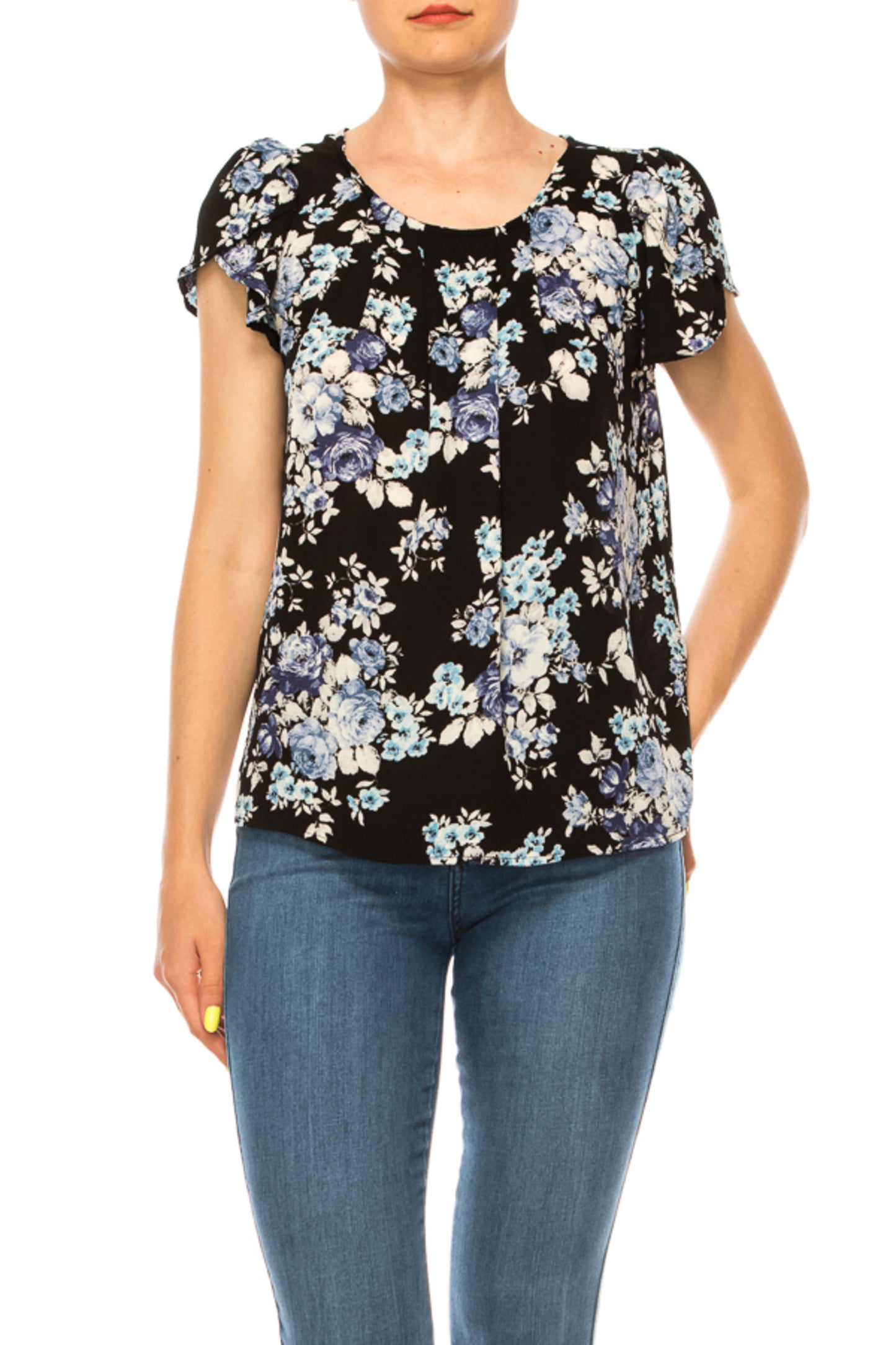 Women's Floral print pleated front top with over lapping short sleeves