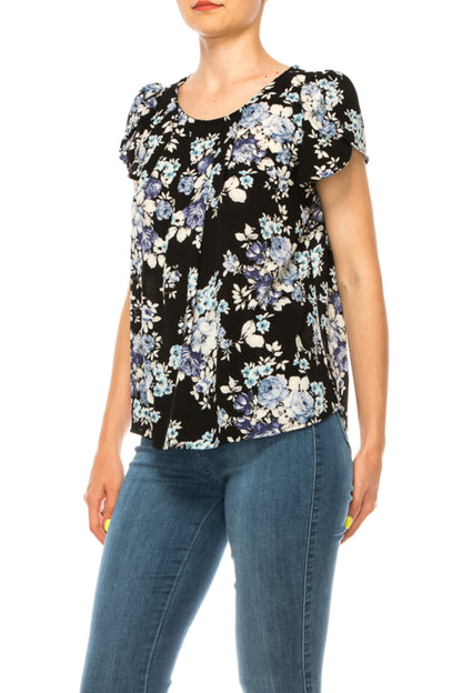 Women's Floral print pleated front top with over lapping short sleeves