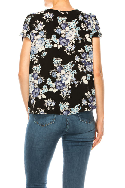 Women's Floral print pleated front top with over lapping short sleeves