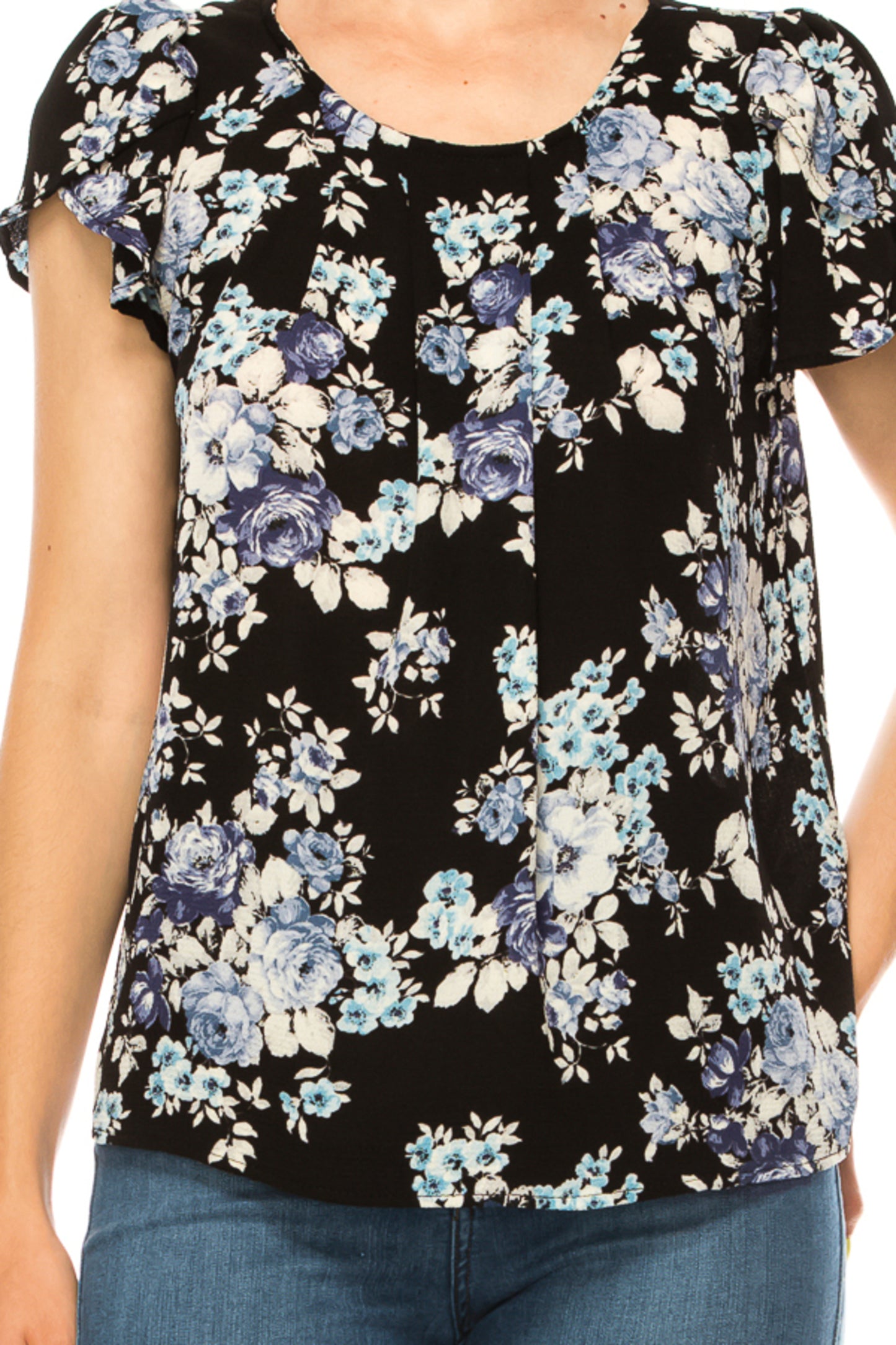 Women's Floral print pleated front top with over lapping short sleeves