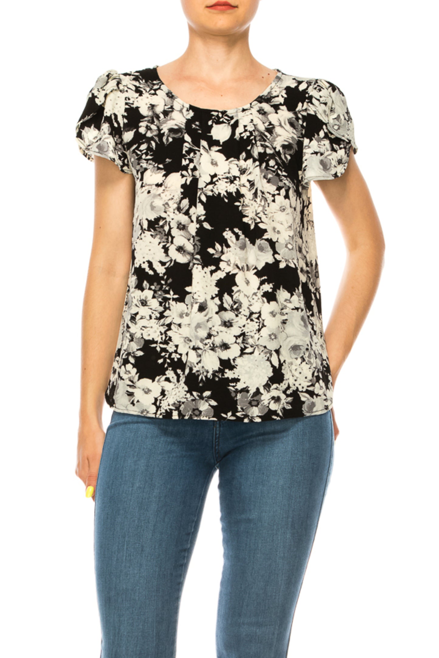 Women's Floral print pleated front top with over lapping short sleeves