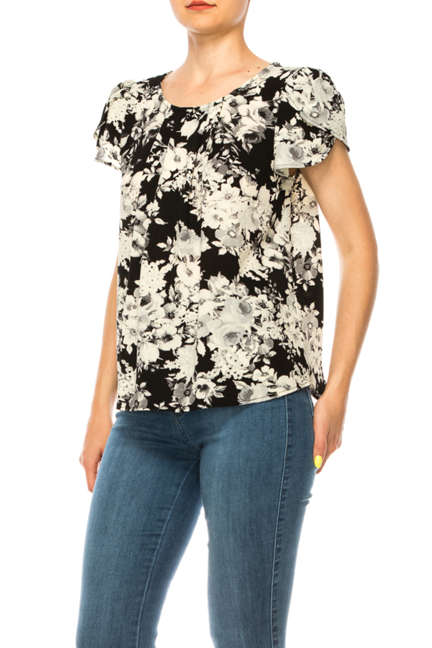 Women's Floral print pleated front top with over lapping short sleeves