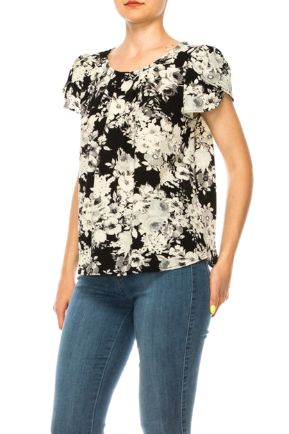 Women's Floral print pleated front top with over lapping short sleeves