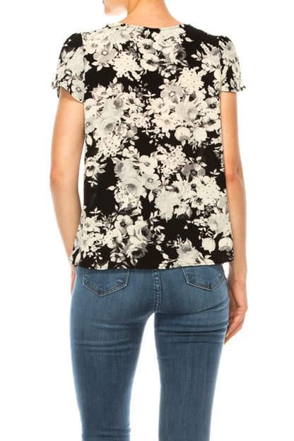 Women's Floral print pleated front top with over lapping short sleeves