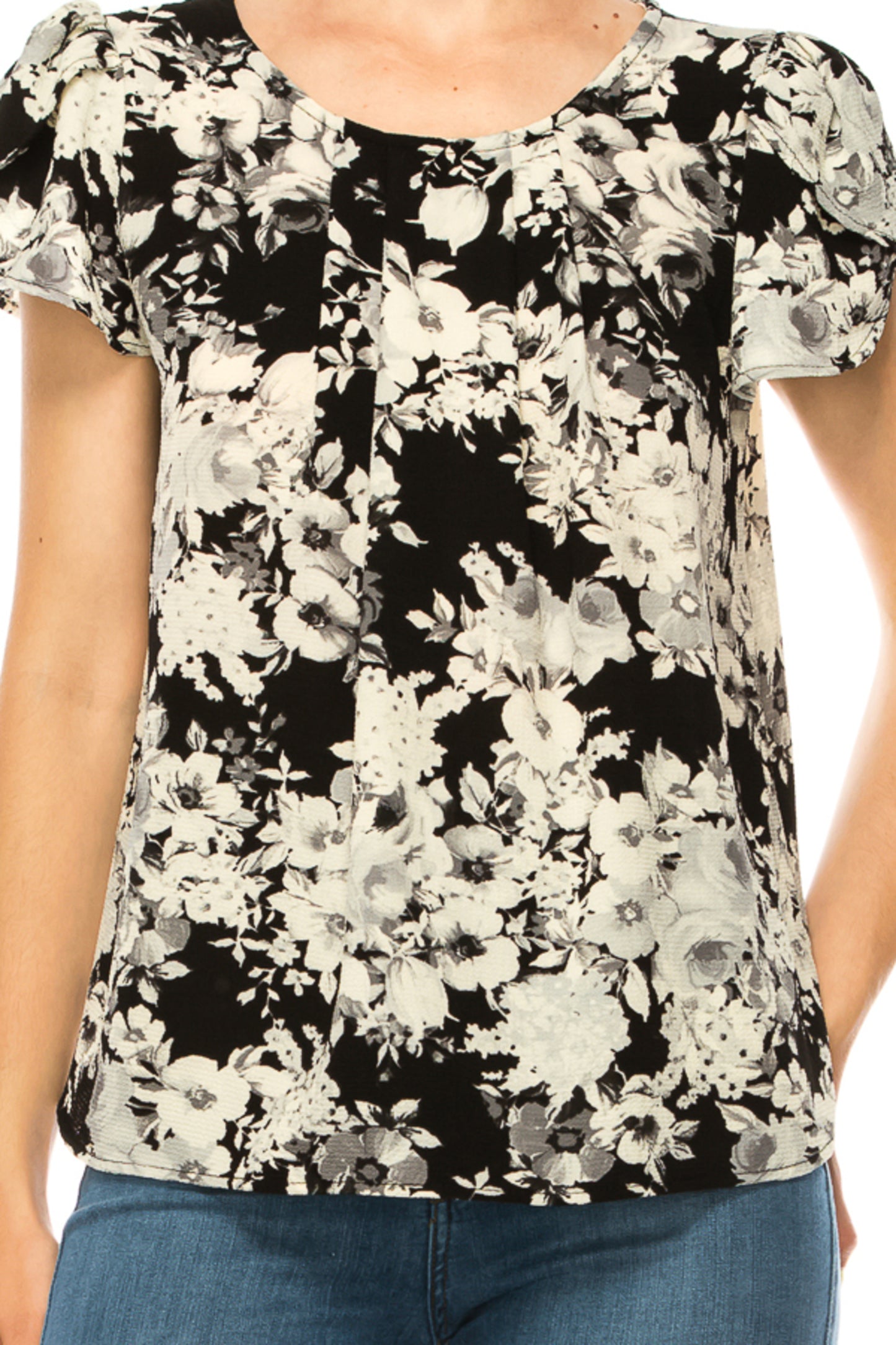 Women's Floral print pleated front top with over lapping short sleeves