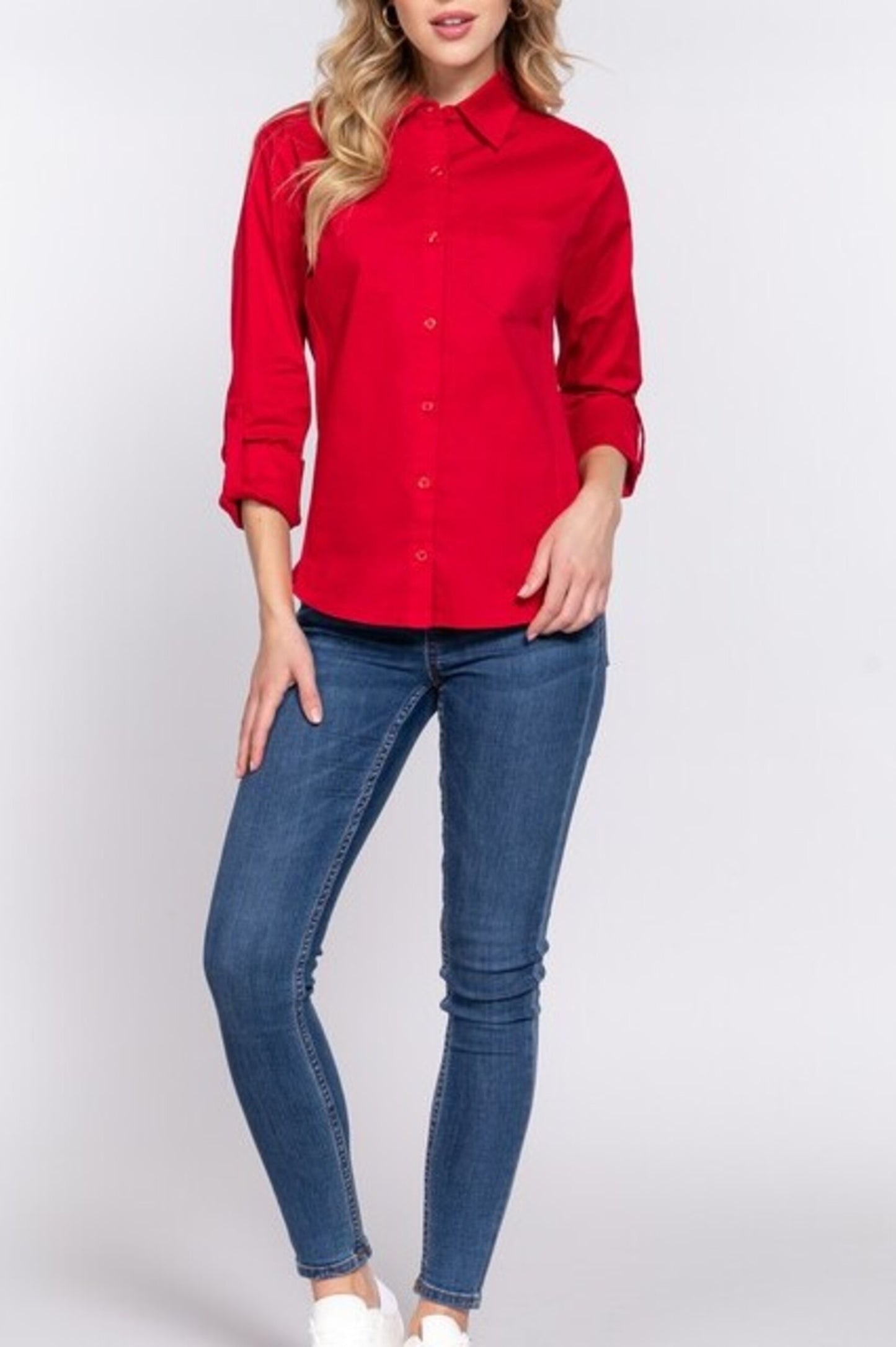 Women's 3/4 Roll up sleeve side rib panel stretch shirt