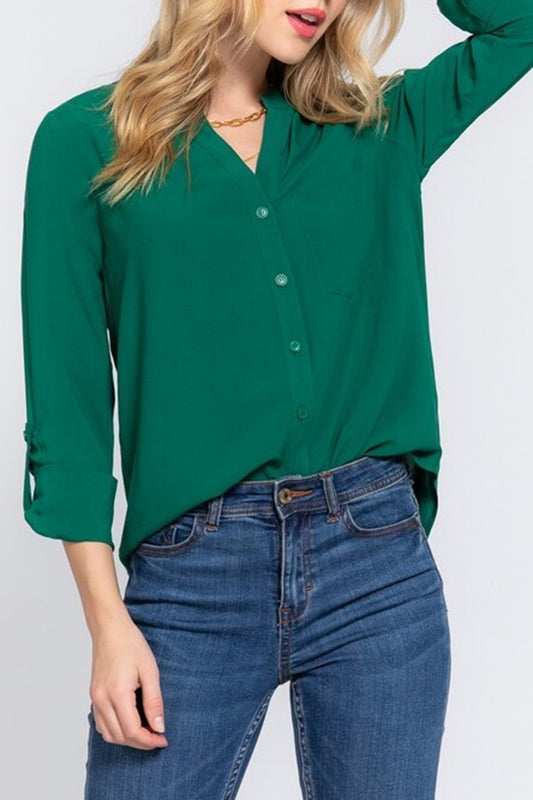 Women's Casual Long Sleeve Split Round Neck Button Down Shirt