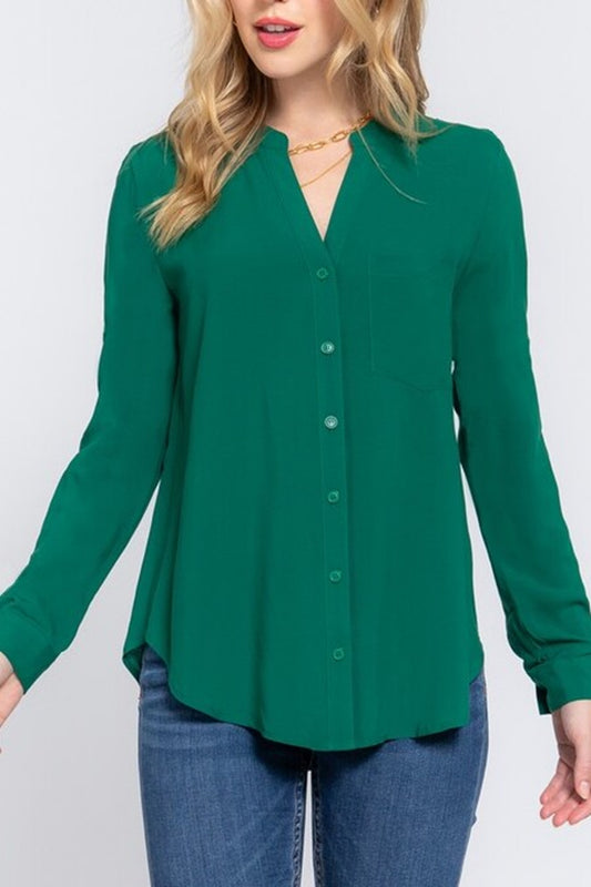 Women's Casual Long Sleeve Split Round Neck Button Down Shirt