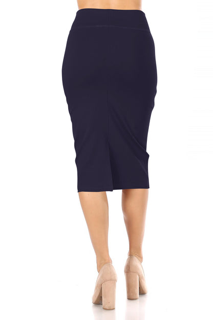 Women's Casual Solid  High Waist Stretchy  Back Split Midi Pencil Skirt