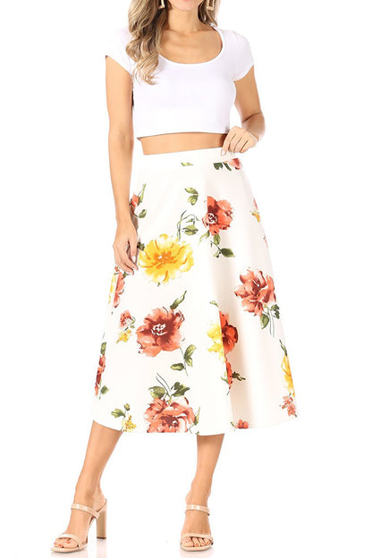 Women's Vintage High Elastic Waist A-line Multi-Colored Printed Flared Midi Skirts