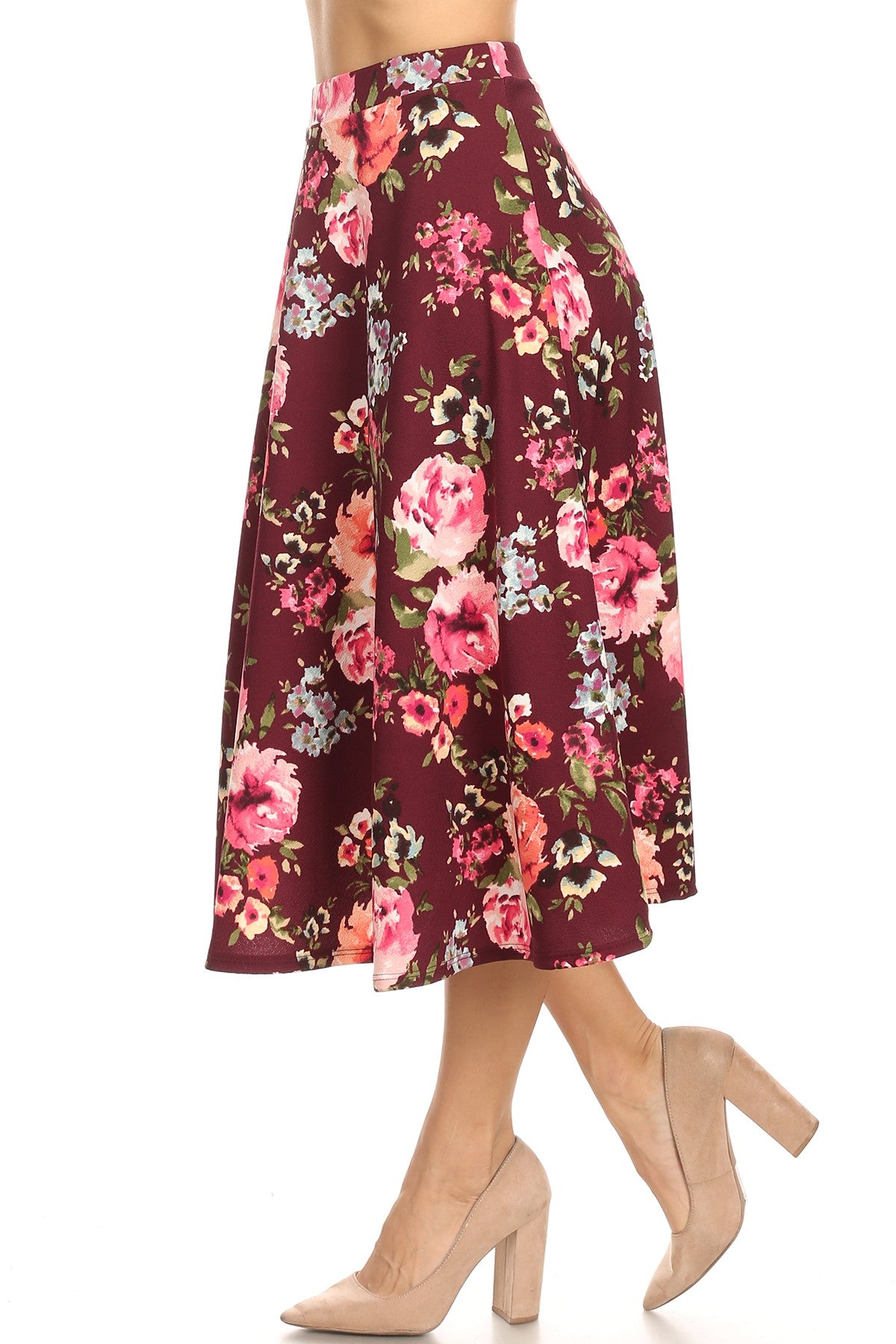 Women's Vintage High Elastic Waist A-line Multi-Colored Printed Flared Midi Skirts