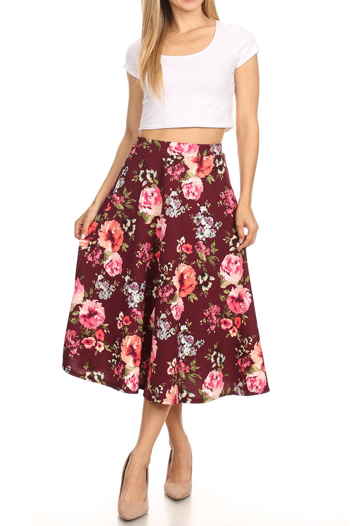 Women's Vintage High Elastic Waist A-line Multi-Colored Printed Flared Midi Skirts