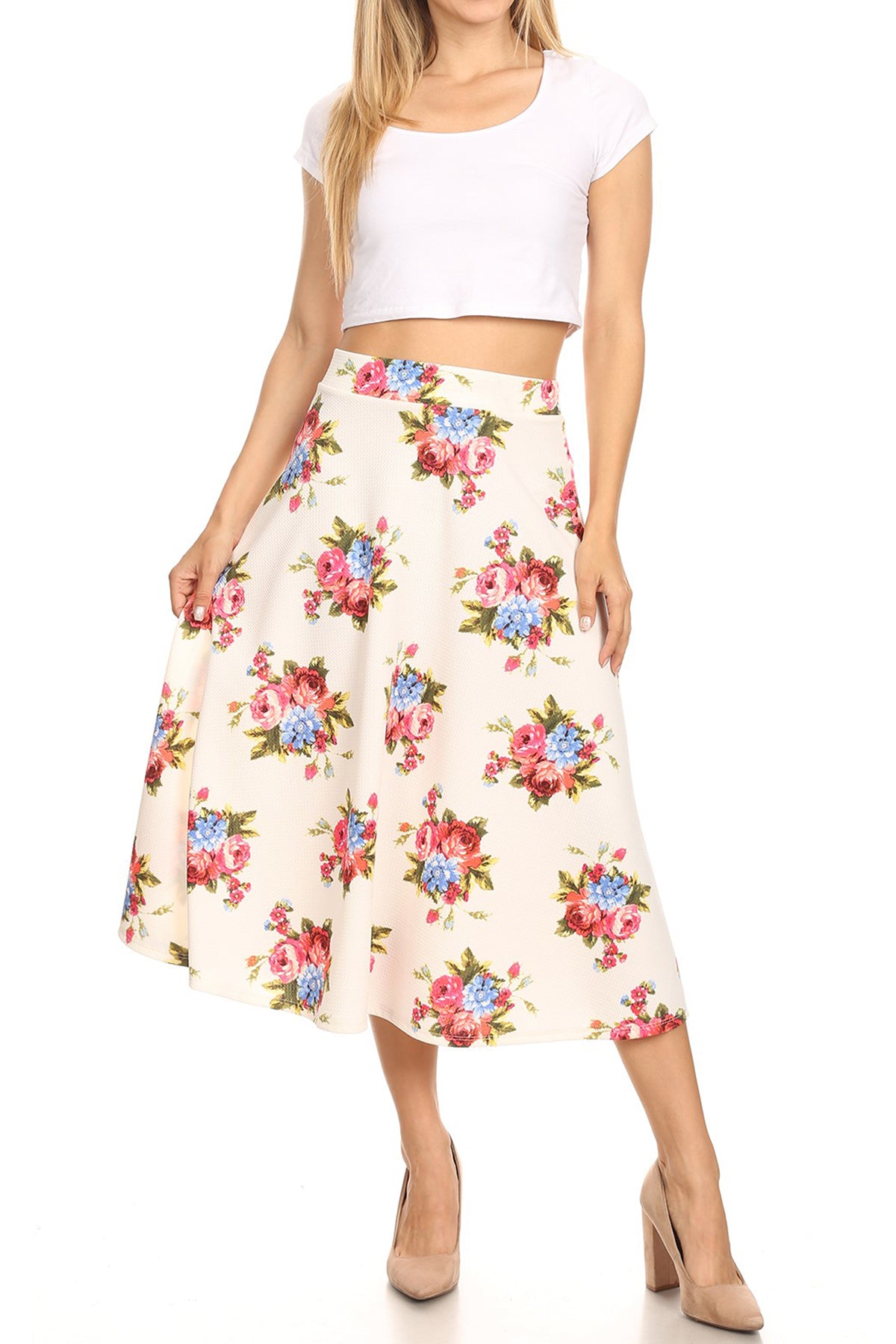 Women's Vintage High Elastic Waist A-line Multi-Colored Printed Flared Midi Skirts