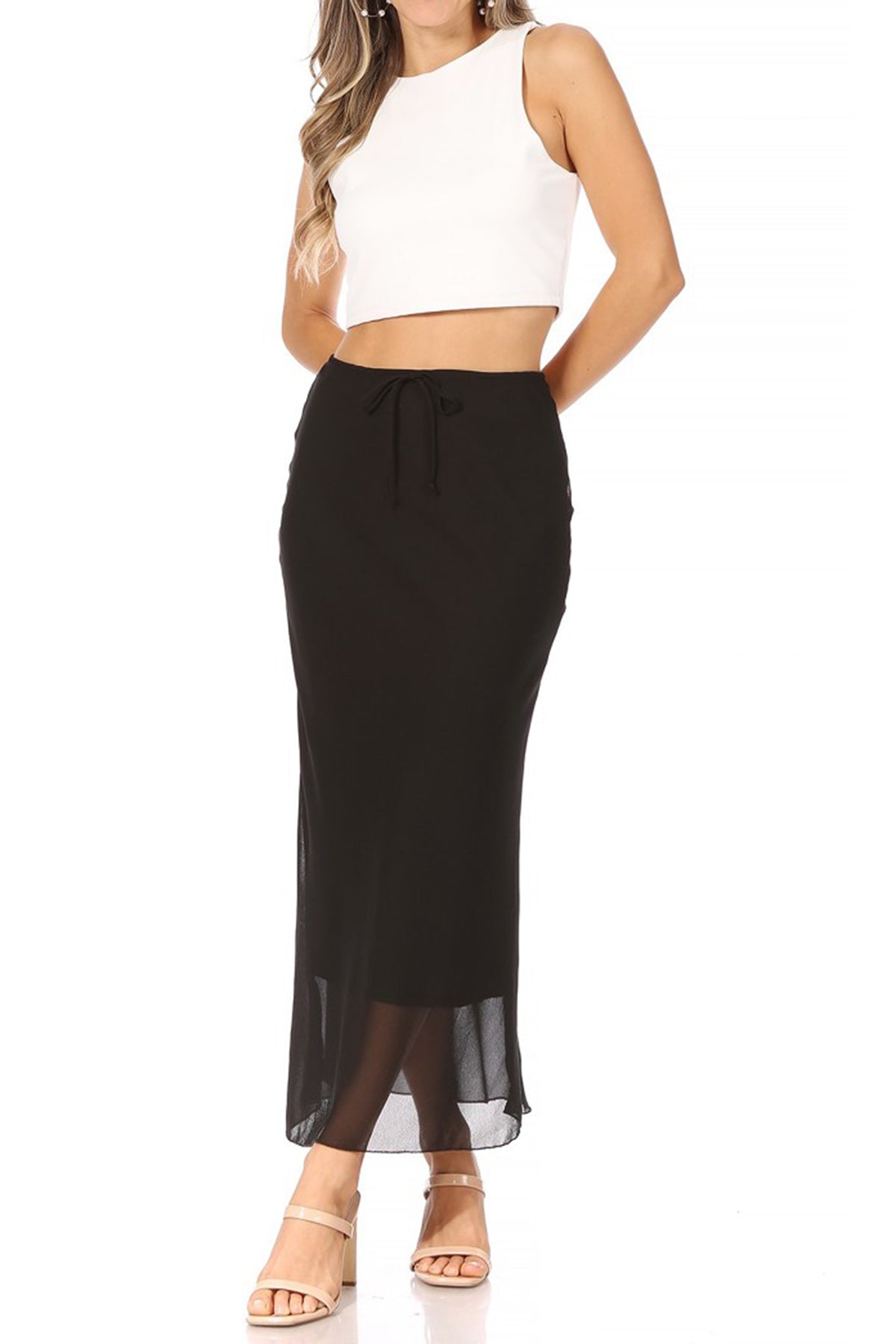 Women's High Rise Chiffon Overlay Maxi Draped Skirt with Waist Tie Accent.